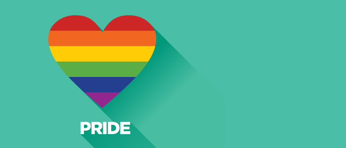 a heart in pride colours on a teal background with "pride" written below