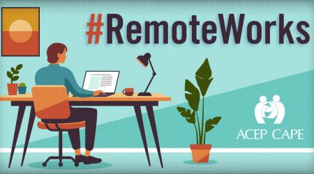 illustration of man at home desk with hashtag #RemoteWorks at top